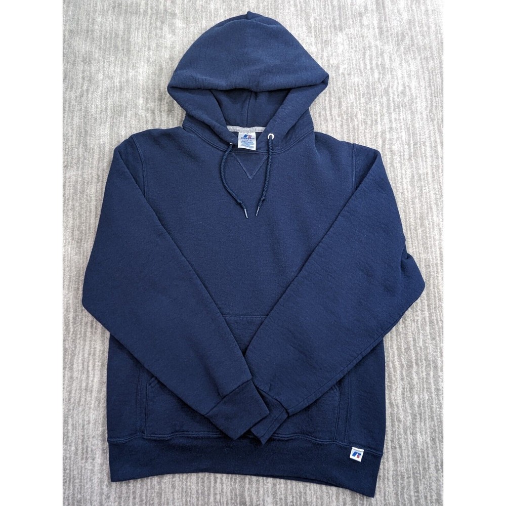 Vintage RUSSELL ATHLETIC Blank Navy Blue Hoodie Sweatshirt Size Medium Pullover